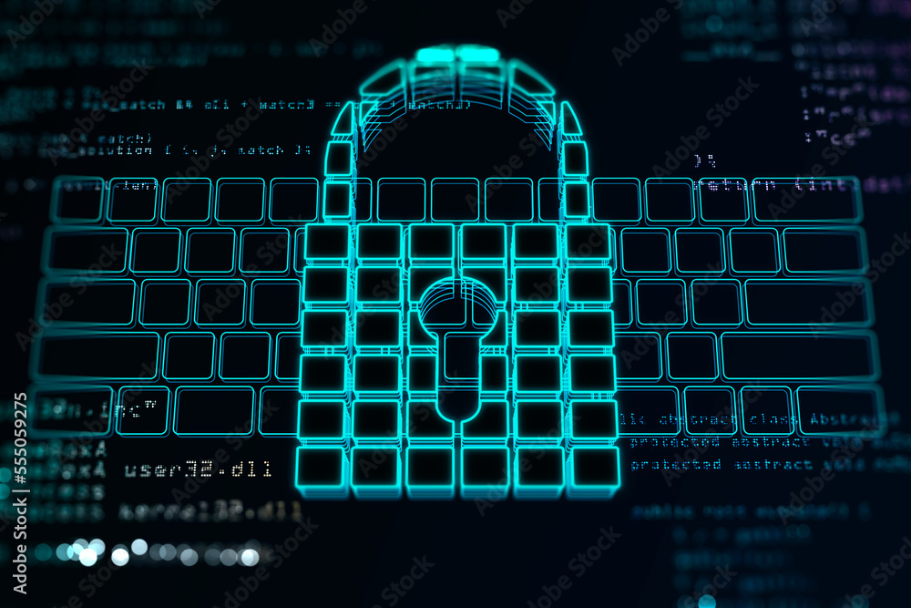 Aufkleber Internet technologies protection and cyber security concept with bright blue digital pad lock with key hole on virtual keyboard background. 3D rendering