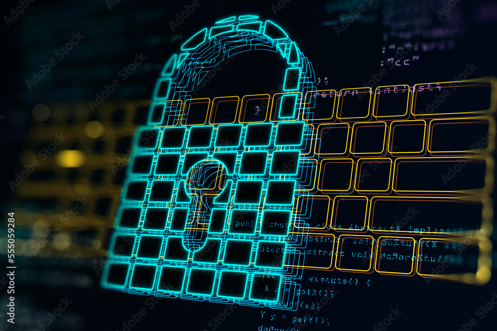 Poster perspective view on digital blue pad lock on yellow keyboard and dark technological background, cybe