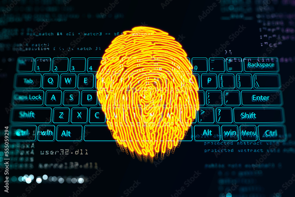 Poster Identification and authentication concept with digital yellow human fingerprint on blue keyboard background. 3D rendering