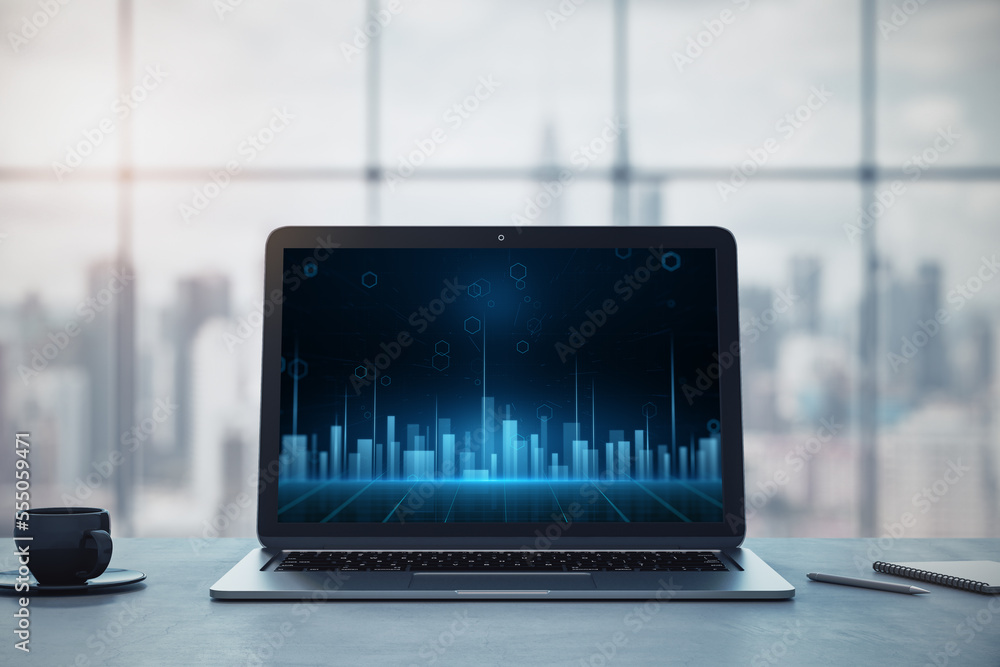 Poster close up of laptop on desktop with creative glowing digital city on screen. future and technology. c