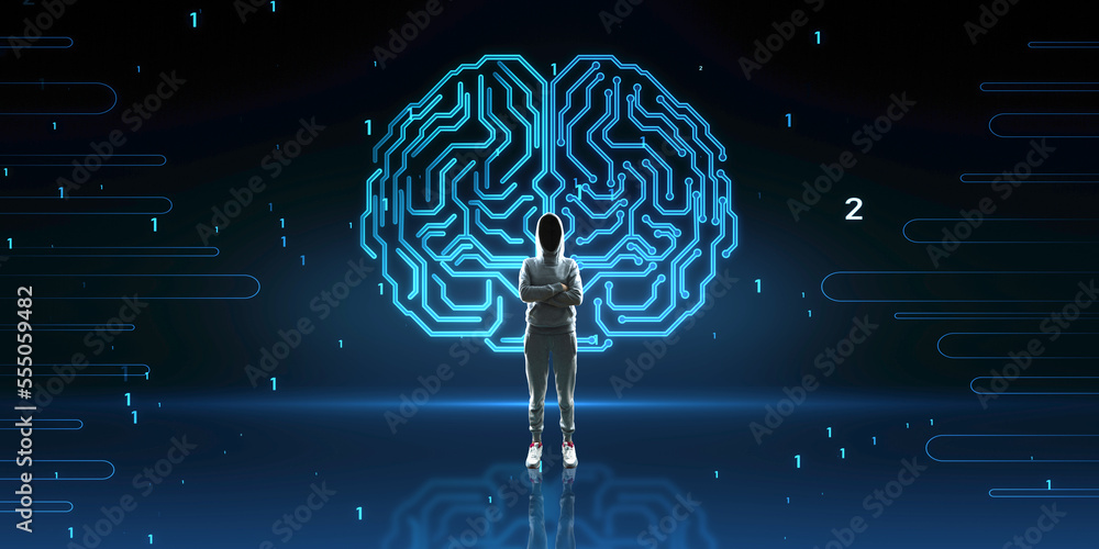 Poster Hacker with folded arms and abstract glowing human brain hologram on blurry background. Neurology research, hacking, data theft and artificial intelligence concept.