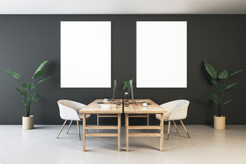 Front view on two blank white posters on dark wall background in stylish coworking office room with modern computers on wooden tables, green flowers on glossy concrete floor. 3D rendering, mockup