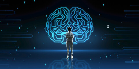 Hacker with folded arms and abstract glowing human brain hologram on blurry background. Neurology...