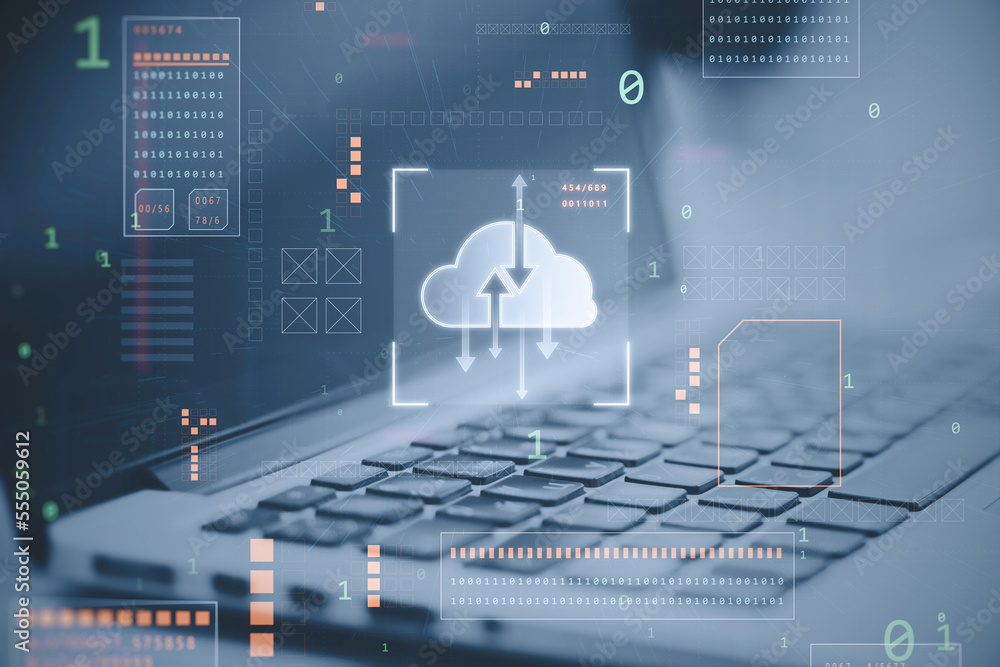 Poster close up of workplace desktop with laptop and digital cloud computing hologram on blurry background.