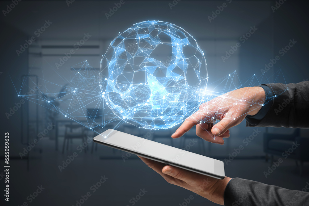 Aufkleber hand pointing at cellphone with glowing polygonal sphere on blurry office interior background. Futuristic technology wireframe mesh polygonal element. Connection Structure. Digital Data Visualization.
