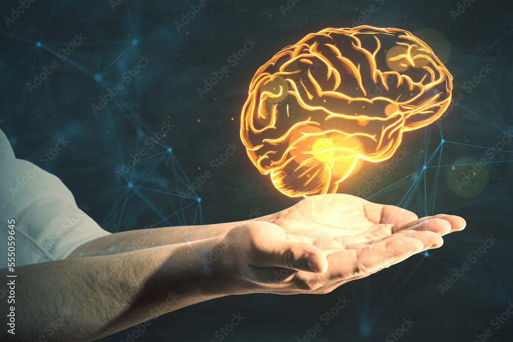 Poster Future technologies and machine learning concept with digital glowing yellow human brain above man hand palms on abstract dark background