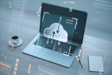 Close up of workplace desktop with laptop computer, coffee cup, notepad and digital cloud computing hologram on blurry background. Cloud data, server, service and hosting concept. Double exposure.