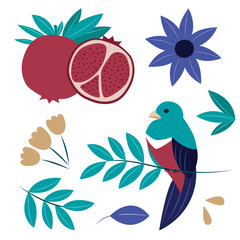 Design elements consist of pomegranate, bird and flowers