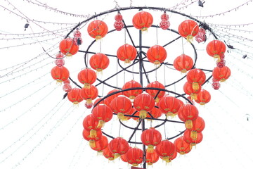 Festive Chinese red lantern decoration hanging on the sky.