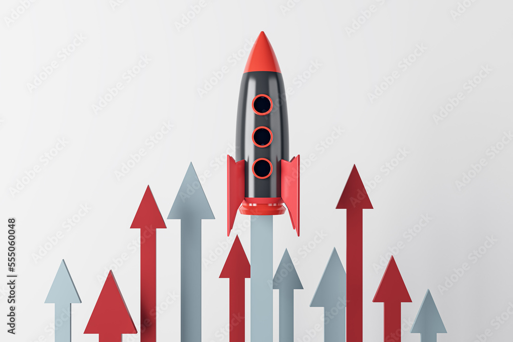 Aufkleber Launching rocket with arrows on white background. Start up and new beginning concept. 3D Rendering.