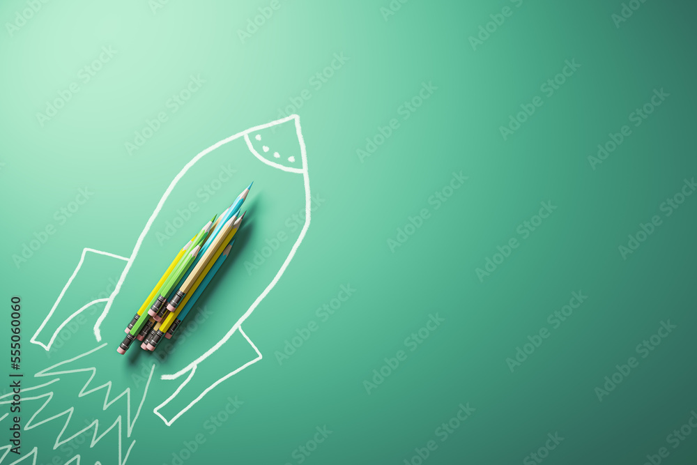 Poster Modern pencils and rocket spaceship sketch on green background with mock up place for your advertisement. Education, school and knowledge concept. 3D Rendering.