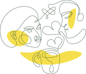 Valentines Day continuous line illustration with couple and cup of tea