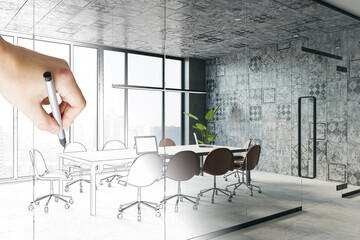 Sketch of modern hand drawn tile conference room interior with furniture, panoramic glass window...