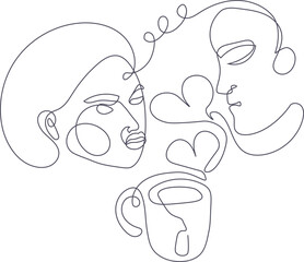 Valentines Day outline illustration with couple and cup of tea
