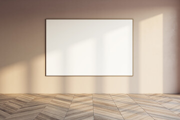 Modern empty white mock up banner in room interior with wooden flooring, shadows and sunlight, mock up place on concrete wall. 3D Rendering.