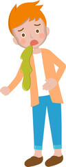 Man vomiting, illness, abdominal pain, cartoon comic character vector