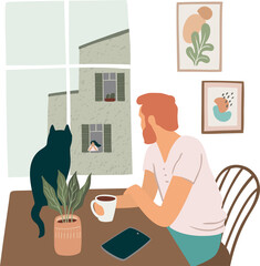 Man looking out window