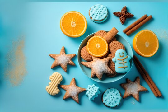 Christmas background. Group of gingerbreads, cinnamon, orange, toys and cup of hot chocolate on light blue background. Selective focus. Top view. Generative AI