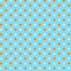 Bright summer botanical pattern with small yellow sunflower and white daisies isolated on light blue background