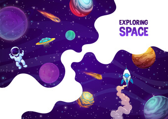 Landing page space, cartoon rocket, astronaut, space planets and stars. Vector background with funny kid cosmonaut flying in weightlessness exploring outer galaxy with asteroids, ufo and starship © Vector Tradition