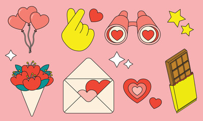 Collections of Love for Valentines day. Set of cute vector love stickers and decoration items for daily planner and diary. Heart, romantic gifts, and love sign symbol