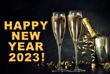 Happy New Year 2023 Champagne with two glasses