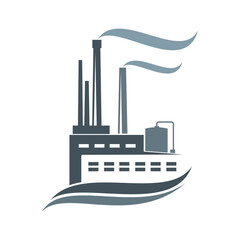 Industry factory, plant building icon. Environment and air pollution, chemical production or oil refinery graphic symbol, monochrome sign of industry manufacture plant or factory with smoking pipes