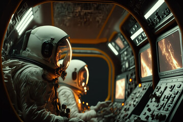 astronaut crew working inside a space shuttle. Generative AI