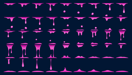 Purple slime animation, animated sprite of pink dripping goo. Cartoon vector liquid jam, mucus or phlegm sprite sheet fx effect, toxic splash drops sequence frame. Splatters of magic potion motion - obrazy, fototapety, plakaty