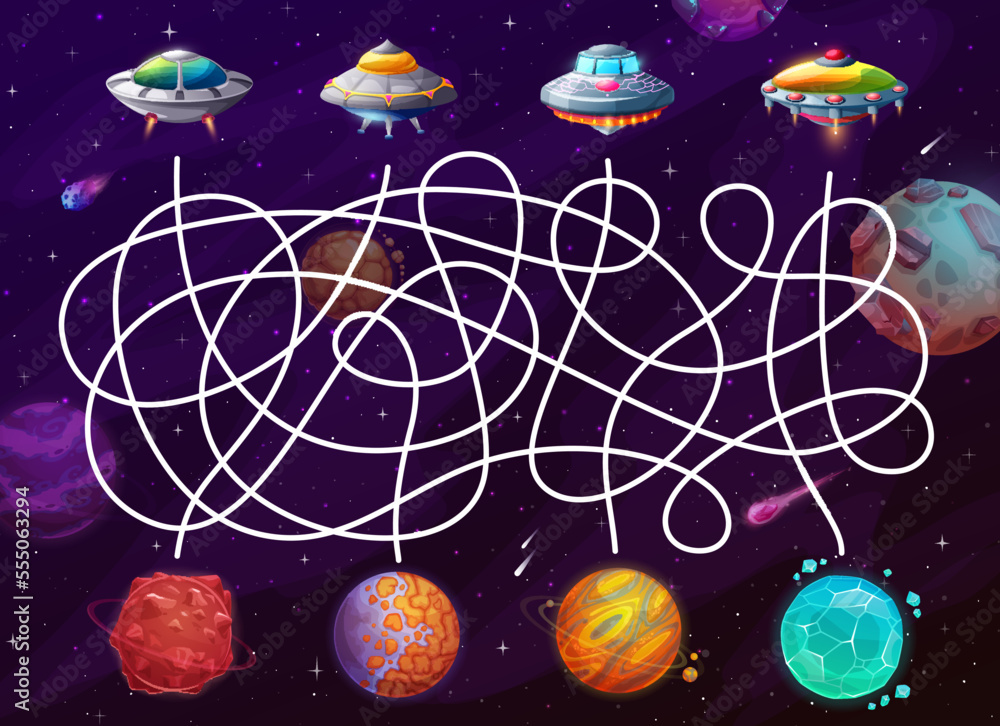 Poster labyrinth maze. help to ufo find a space planet. children labyrinth maze, find way playing activity 