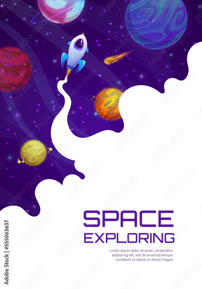 Poster Landing page space. Flying space rocket, planets and comet. Business project website background, company web page vector template or startup launch banner with spaceship, fantastic galaxy planets