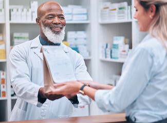Consulting, medicine and pharmacy with black man and customer for healthcare, help or prescription....