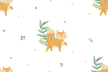 childish seamless pattern with forest animals and branches, leaves, baby design