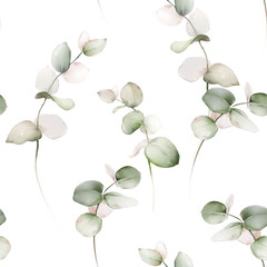 Seamless pattern with eucalyptus branches in a watercolor style