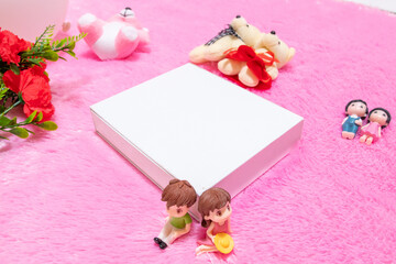 White blank rectangle box above a fluffy pink carpet surrounded by dolls