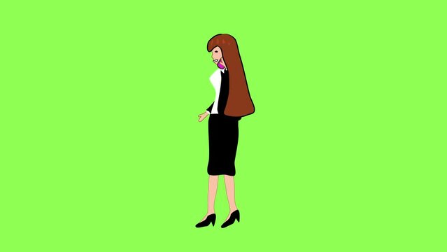 Business woman talking on the phone. Smartphone, communication, connection. Cartoon, character. Video 4k looped  animation on a green background chroma key endless new
