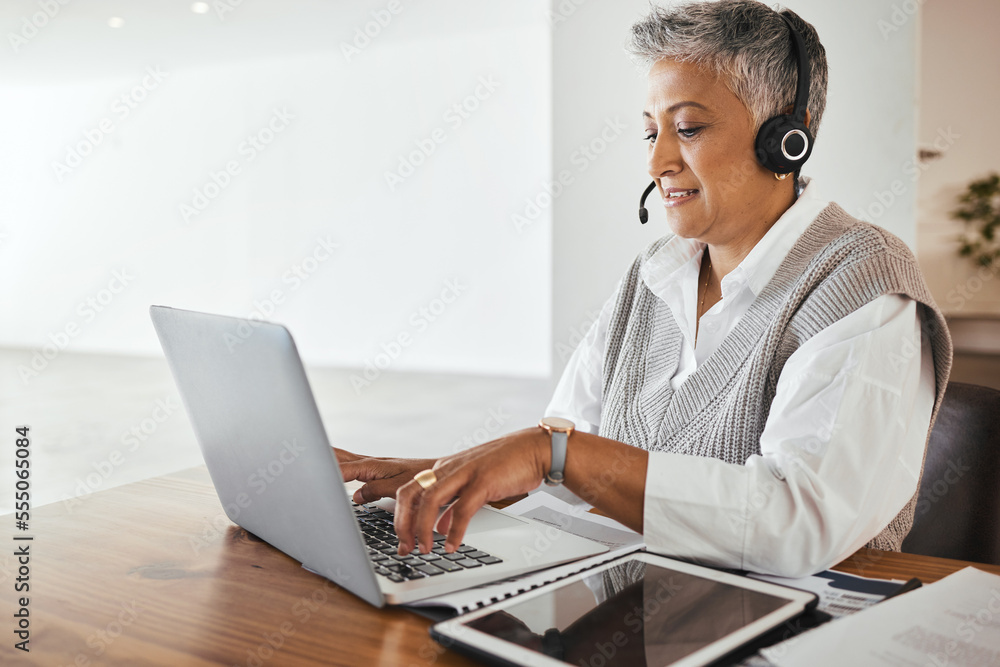 Poster Call center, receptionist and senior consultant working on a laptop, headset and tablet in the office. Customer support, hotline and elderly female telemarketing agent typing on computer in workplace