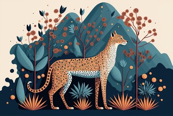 flat design illustration, Norwegian art, cheetah in nature - obrazy, fototapety, plakaty