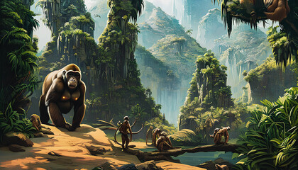 Painting of a gorilla ape in the jungle, Generative AI