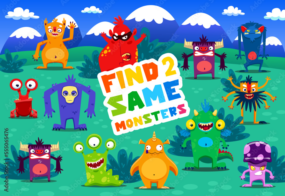 Poster find two same cartoon monster characters. educational vector kids quiz with funny colorful fluffy an