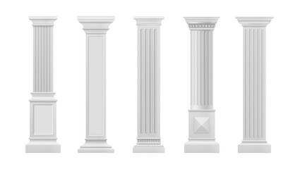 Marble antique column and pillars. Isolated vector set of ancient classic stone shafts. Roman or greece architecture elements with groove ornament for interior facade design realistic 3d mockup - obrazy, fototapety, plakaty