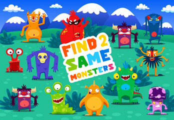 Obraz na płótnie Canvas Find two same cartoon monster characters. Educational vector kids quiz with funny colorful fluffy and toothy aliens or mutant personages on green field. Children riddle, activity for mind development