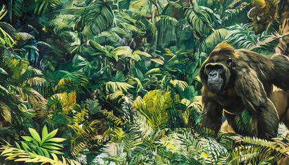 Obraz premium Painting of a gorilla ape in the jungle, Generative AI