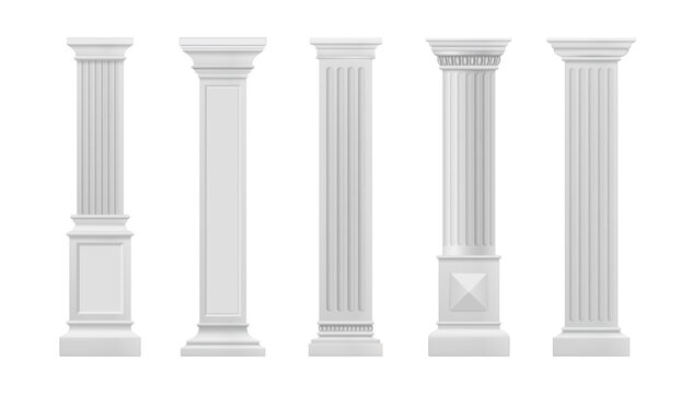 Marble antique column and pillars. Isolated vector set of ancient classic stone shafts. Roman or greece architecture elements with groove ornament for interior facade design realistic 3d mockup
