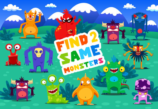Find two same cartoon monster characters. Educational vector kids quiz with funny colorful fluffy and toothy aliens or mutant personages on green field. Children riddle, activity for mind development
