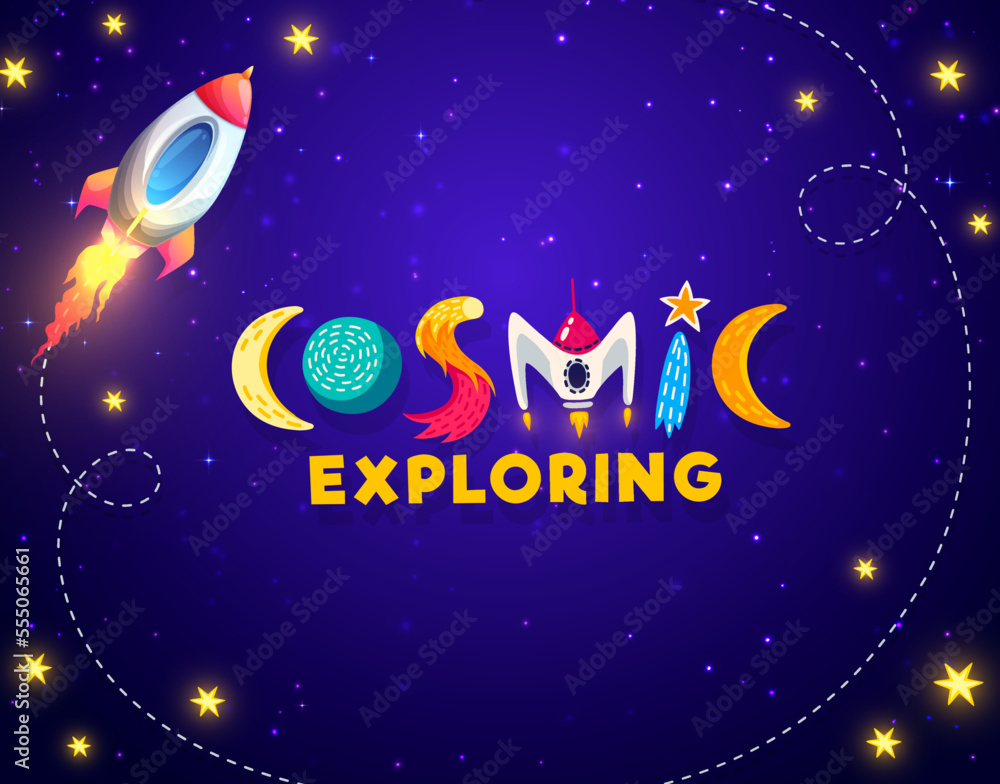 Poster cartoon space landscape background with rocket and stars. vector design for kids with flying shuttle