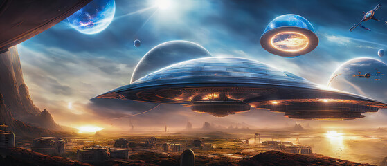 Concept of space colony on an uninhabited planet, Generative AI