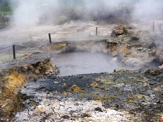 Fumerolles et volcanisme à la caldeiras d'Achada de Furnas sur l'île de Sao Miguel dans...