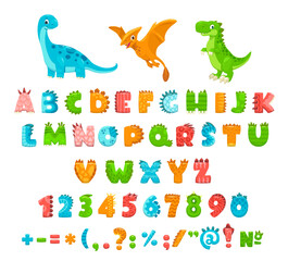 Cartoon dinosaur jurassic font, type or typeface. Dino alphabet letters. Vector letters, numbers and signs of prehistoric dinosaur animals. Funny comic colorful characters set with paws and talons © Vector Tradition