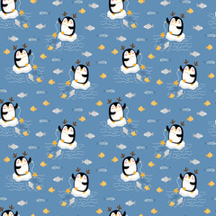 Seamless pattern illustration of a penguin on a block of ice catching fish in the sea